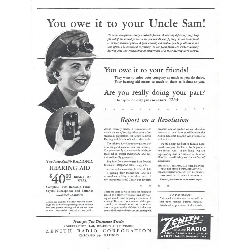1944 Zenith Radio Radionic Hearing Aid Vintage Print Ad WW2 Uncle Sam Wall Art